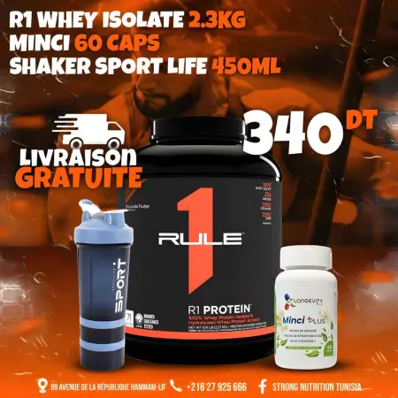 Pack R1 Protein Isolate + Minci Plus + Shaker Sport Life | | Proteine - Strong Nutrition Tunisia